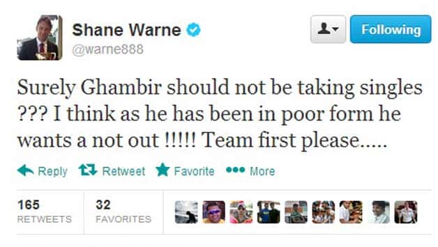 Shane Warne's tweet about Gautam Gambhir's pathetic show on the final day is fully justified Shane Warne's tweet about Gautam Gambhir's pathetic show on the final day is fully justified
