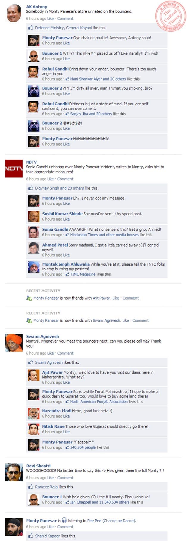 Monty Panesar's act: Cricketers, politicians discuss it on their Facebook Wall Monty Panesar's act: Cricketers, politicians discuss it on their Facebook Wall