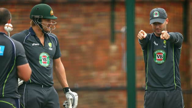Ashes 2013: Shane Watson receives batting tips from Michael Clarke during training Ashes 2013: Shane Watson receives batting tips from Michael Clarke during training