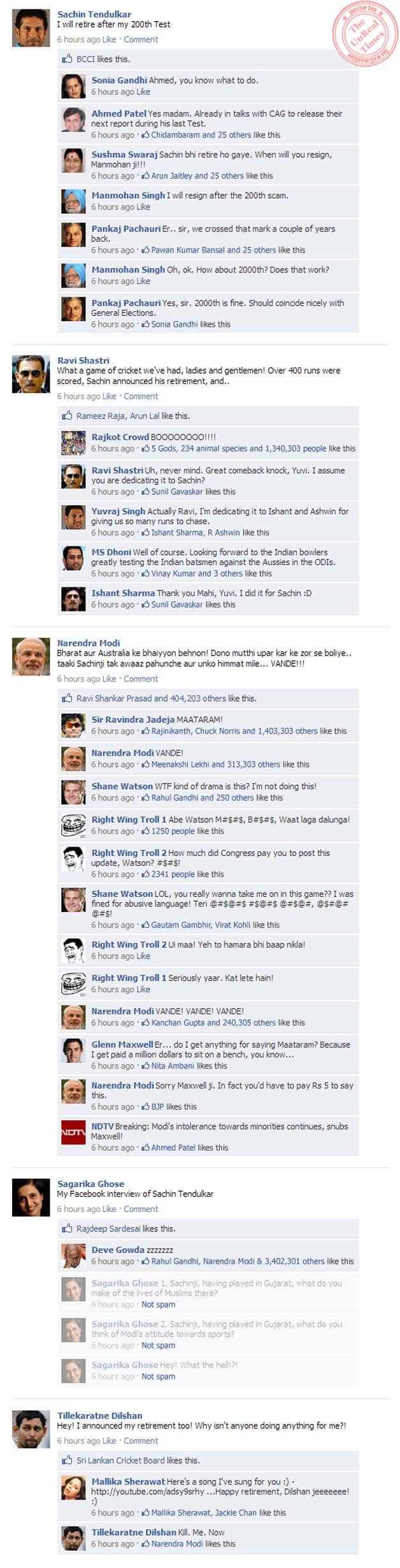 Sachin Tendulkar retirement: Celebrity reactions make a big splash on Facebook Sachin Tendulkar retirement: Celebrity reactions make a big splash on Facebook
