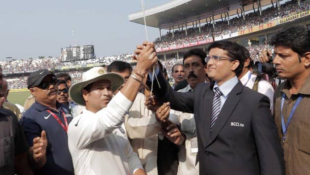 Sachin Tendulkar-Sourav Ganguly share light moment during India-West Indies 1st Test Sachin Tendulkar-Sourav Ganguly share light moment during India-West Indies 1st Test