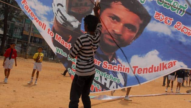 Sachin Tendulkar's poster pulled down at Wankhede Stadium Sachin Tendulkar's poster pulled down at Wankhede Stadium